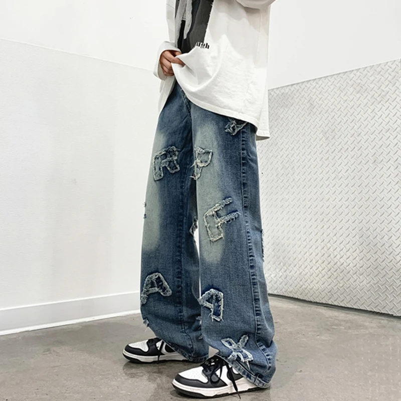 

New European American Fashion Personality Letter Stick Cloth Jeans Street Loose Straight Leg Wide Pants Cotton Hip Hop Clothing