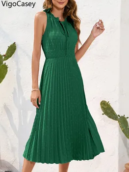 VigoCasey 2025 Summer Female Sexy Solid Hollow Dress Women Sleeveless Folds Long Dress Casual Verge V Neck Lady Tight Dresses