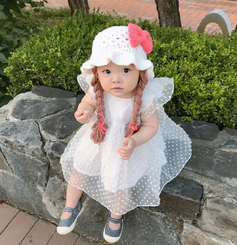 Cute Cherry Baby Girl Bucket Hat Cosplay Hair Braid Wig Cap Winter Warm Crochet Knitted Children Hats and Caps for Kids Girls