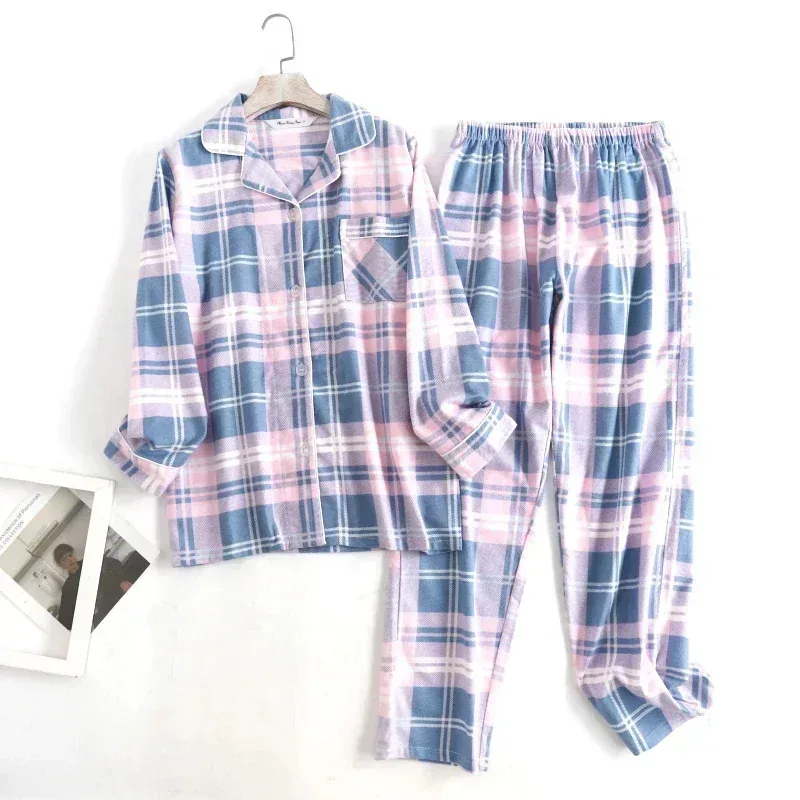 Cotton Flannel Women's Long Pants Pajamas Sets for Sleepwear Plaid Design Loose Autumn and Winter Long Sleeve Trouser Suits women pajamas set women pajama suit cotton pajamas set