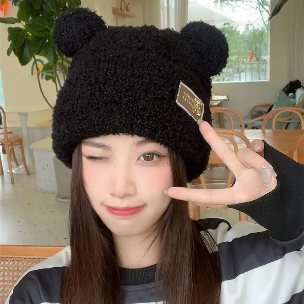 

Fashion Cute Bear Ear Plush Hat for Women Winter Warm Ear Protection Riding Skiing Beanie Hat Casual Outdoor Bonnet Caps