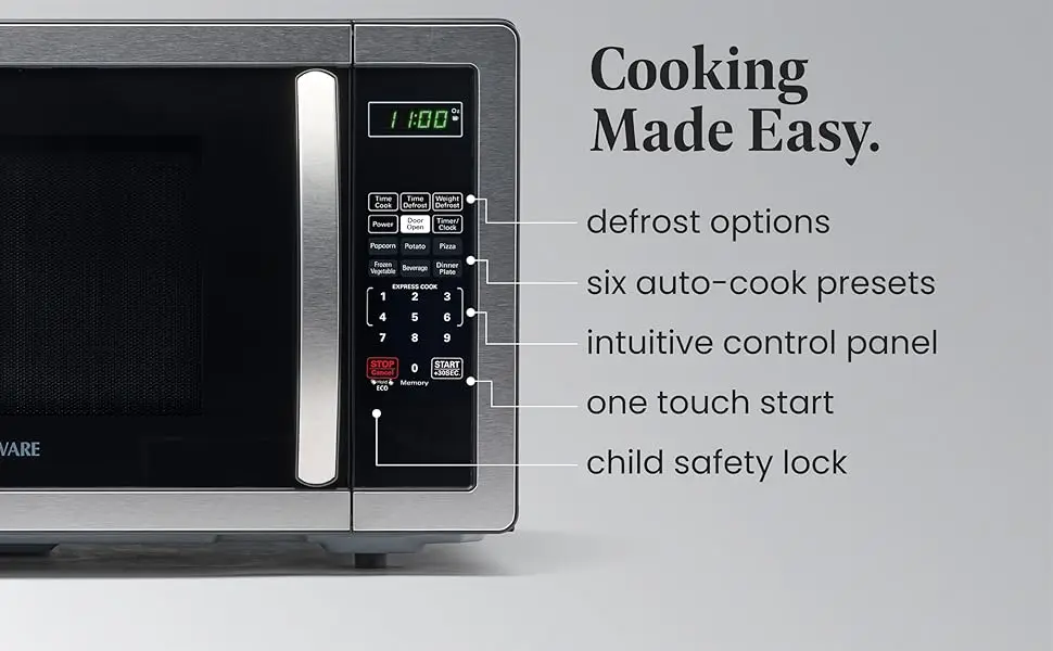 defrost options, six auto cook presets, control panel, one touch start, child safety lock