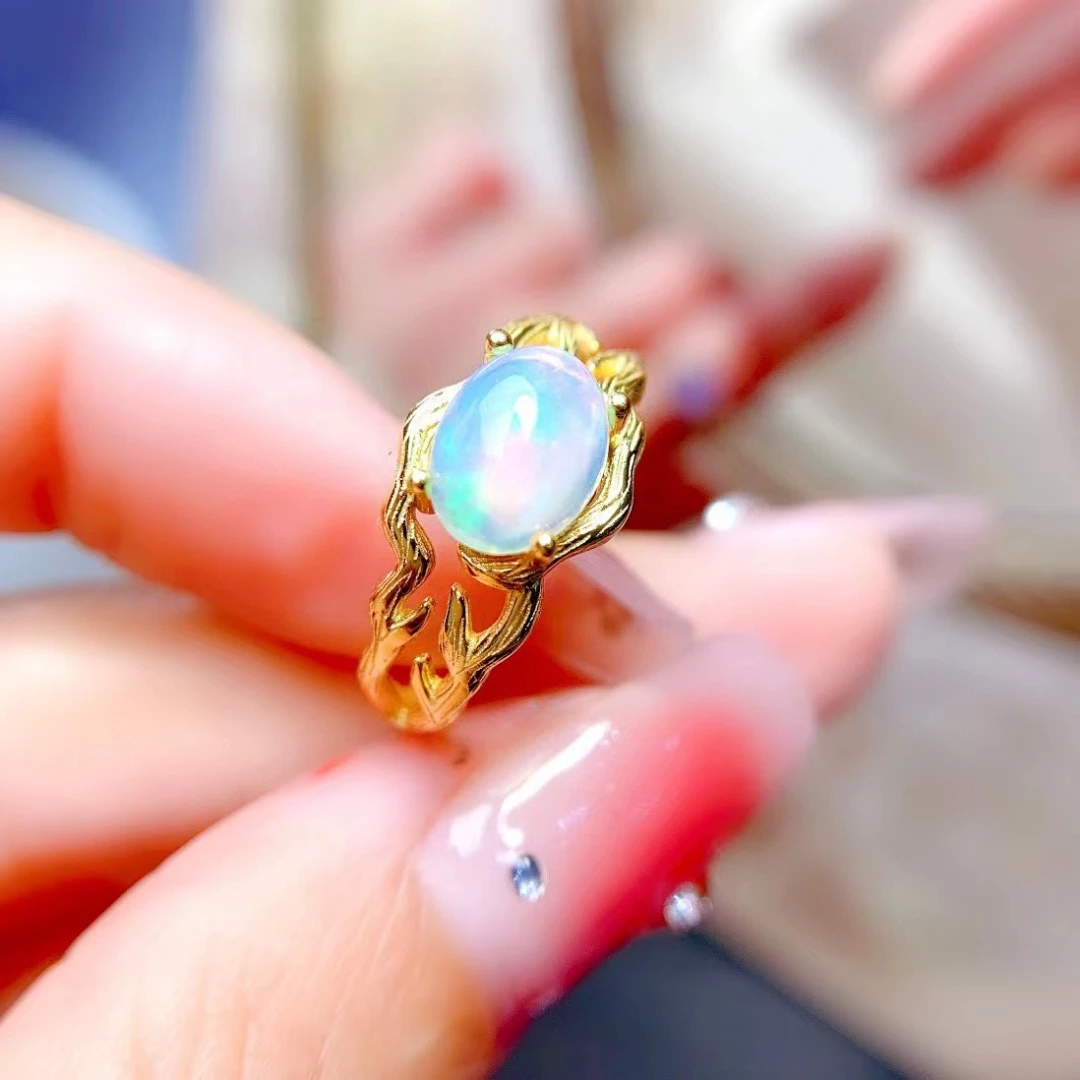 

MeiBaPJ 6*8 Natural Opal Gemstone Fashion Colorful Ring for Women Real 925 Sterling Silver Charm Fine Wedding Jewelry