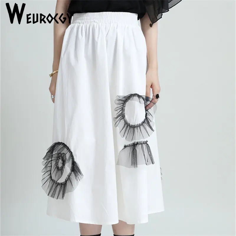 

2023 Summer New Style Design Sense Lace Stitching A-Line Splicing High-Waisted Slimming Elastic Waist Mid-Length Half Skirt