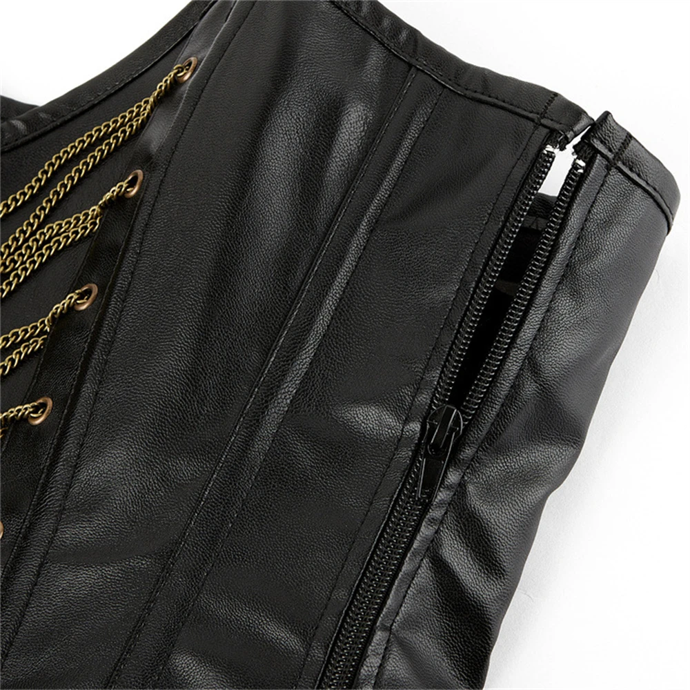 Black PU Faux Leather Overbust Corset Tops Chain Decoration Steampunk Side Zipper Corselet Women Body Shaper Bustier