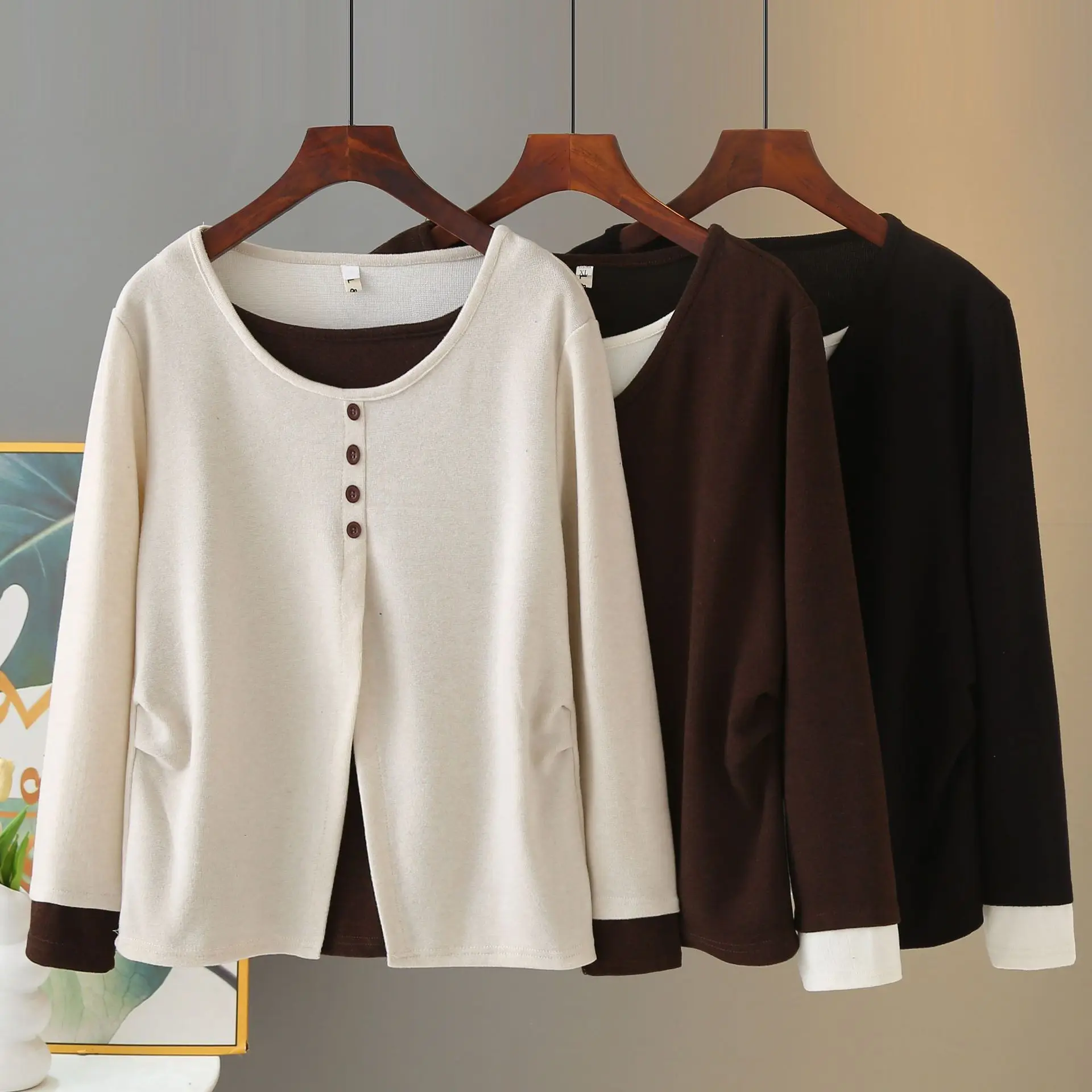 Fashion Plus Size Women's Long Sleeved T-Shirts Autumn Style Fake Two Pieces Tops 2536