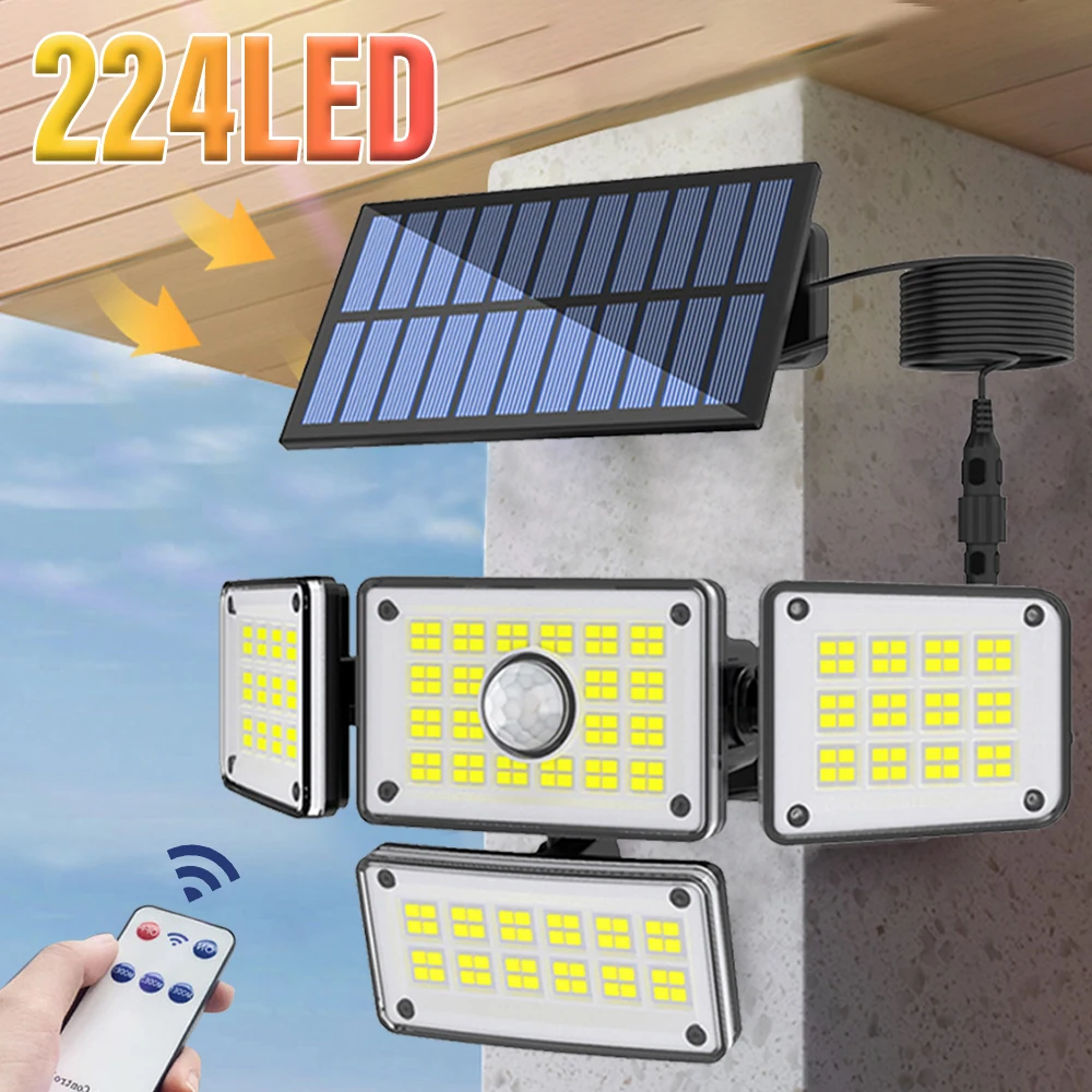 283LED Solar Outdoor Light with Motion Sensor Floodlight with Remote Control and 5m Extension Cord IP65 3 Modes for Patio Garage 72 led solar wall light 3 modes outdoor solar light with motion sensor waterproof three sides luminous patio deck garden light