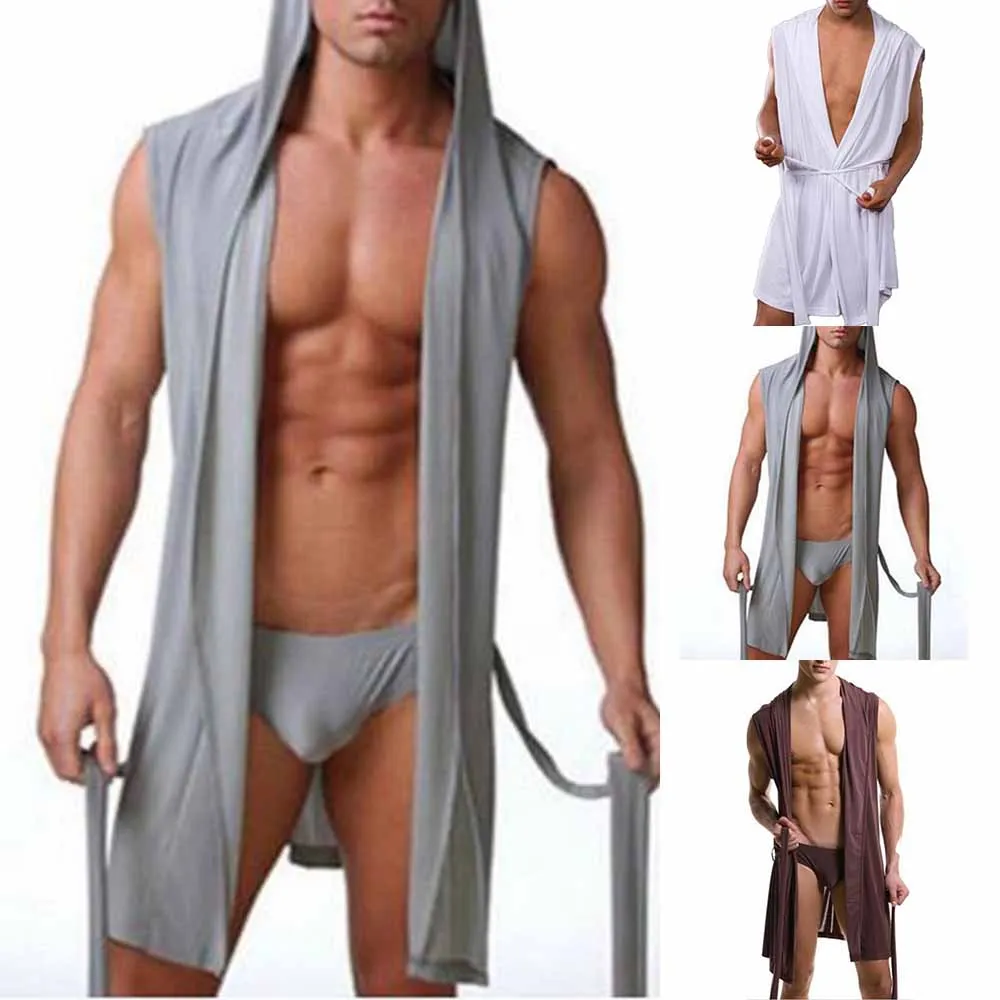 

Men Summer Dress Bath Robe Sexy Pajamas Sleepwear Hombre Sleeveless Hooded Casual Kimono Bathrobe Nightgown Robe Solid Color