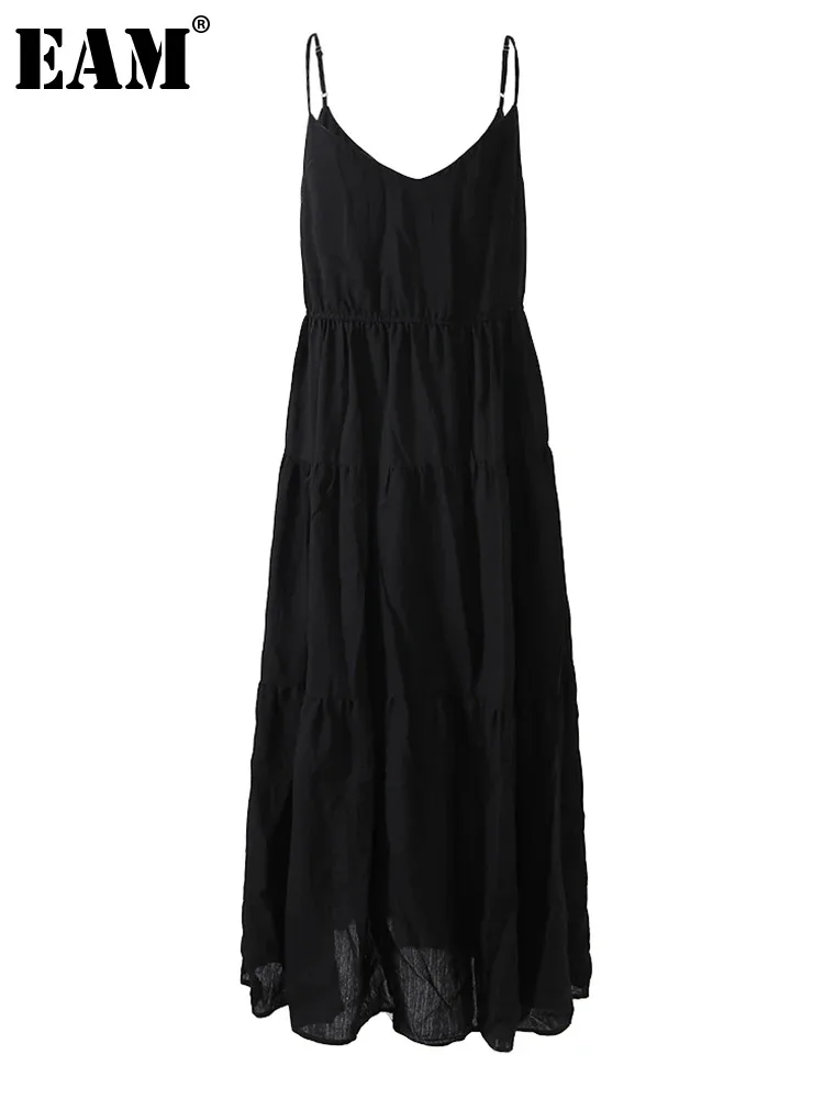 

Женское длинное платье на бретельках EAM, черное элегантное платье без рукавов с V-образным вырезом, весна-осень 2024