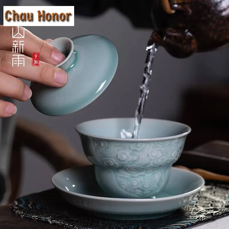 160ml Luxury Plum Green Ceramic Gaiwan Handmade Longquan Celadon Gourd Sopera Tea Tureen Tea Maker Cover Bowl Teaware Collection
