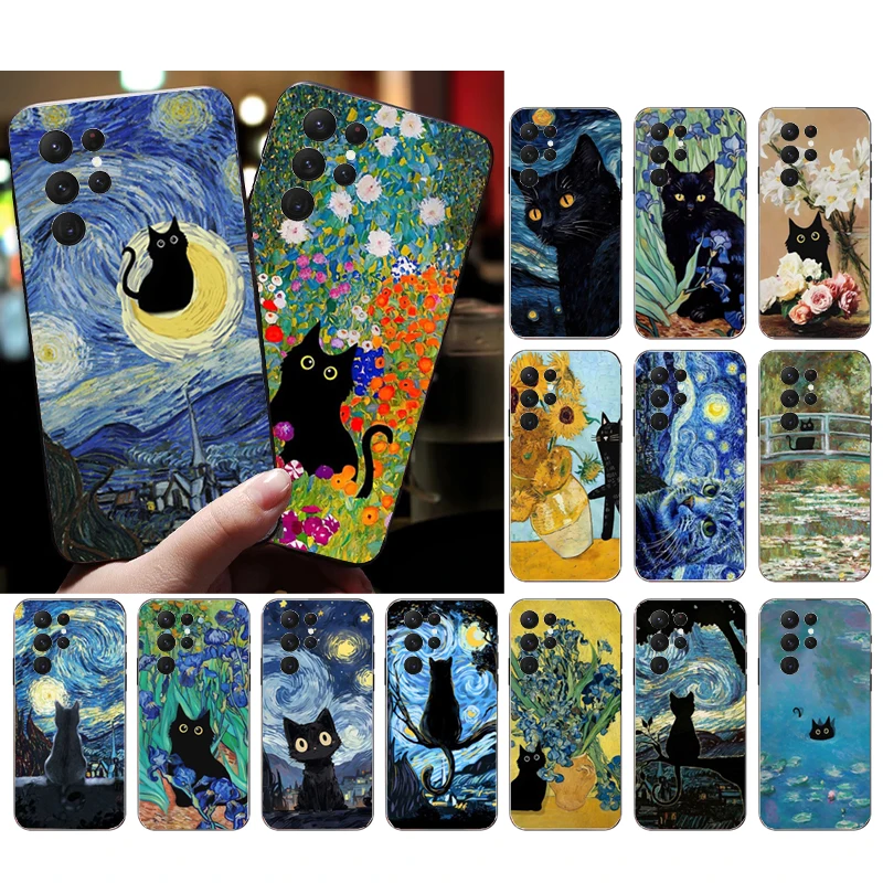 

Retro Oil Painting Van-Gogh Cat Phone Case For Samsung S24 S23 S22 S21 S20 Ultra S20 S22 S21 S10E S20 FE S24 Plus