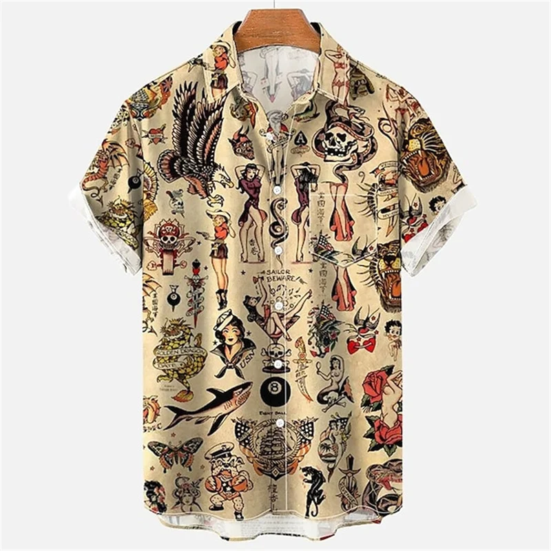 Mermaid retro printed shirts Men's European and American pattern Summer casual short sleeved shirt Hawaiian button 2