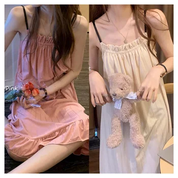 Girl Korean Chic Healing Princess Style Ruffled Simple Sweet Pajamas Women Summer Autumn Sling Mid-Length Nightgown Homewear 1
