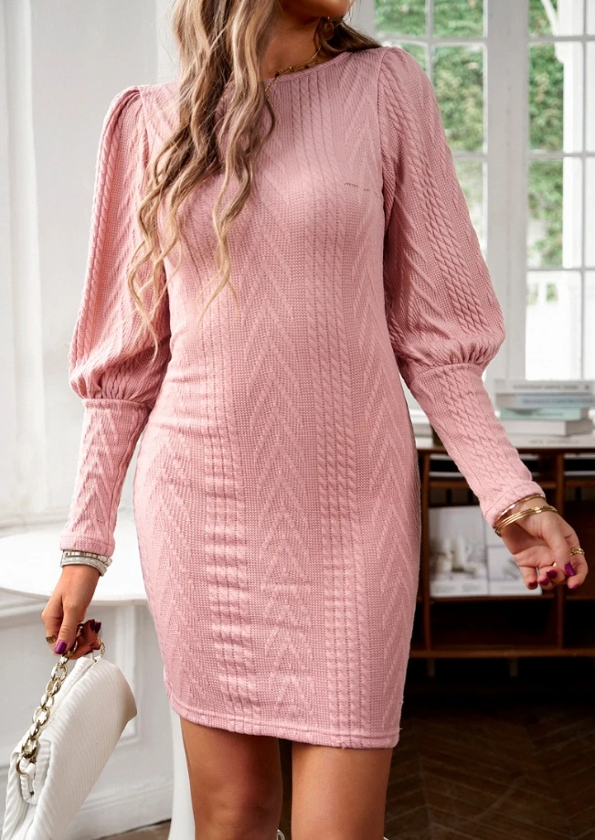 

New Spring and Autumn Dresses with Round Neck Long Sleeves Slim Fit Wrapped Hips Knitted Solid Color Casual Fashion Short Skirt