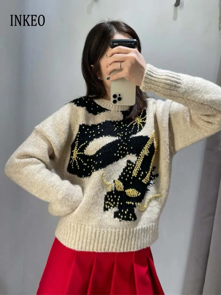 

Design Luxury Dragon print Beading sweater Oversized Women's 2024 Autumn witner Long sleeve O-neck Knit top Knitwear INKEO 4T025