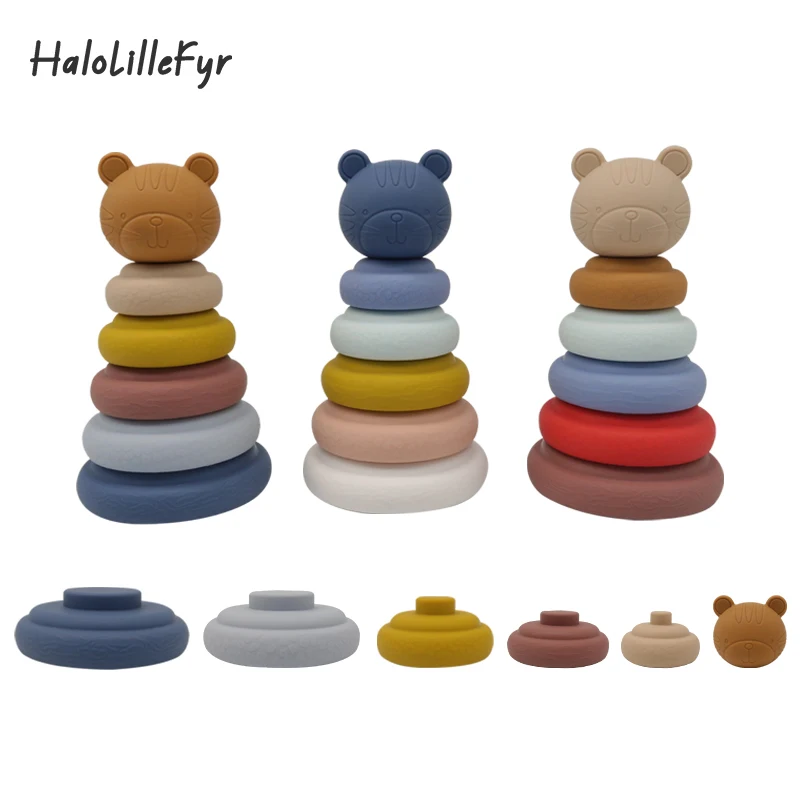 

Food Grade Baby Silicone Building Blocks Round Stacker Cute Bear Head Infant Early Educational Learning Cognitive Stacking Toys