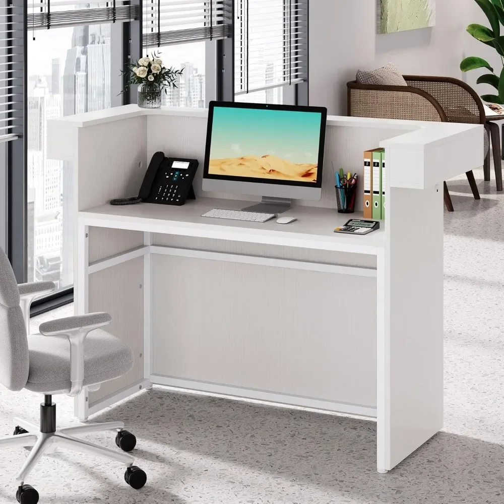 Reception Desk with Light, 55-Inch Front Desk with Cable Grommets, Modern Retail Counter Table for Salon, Lobby, Shop 4