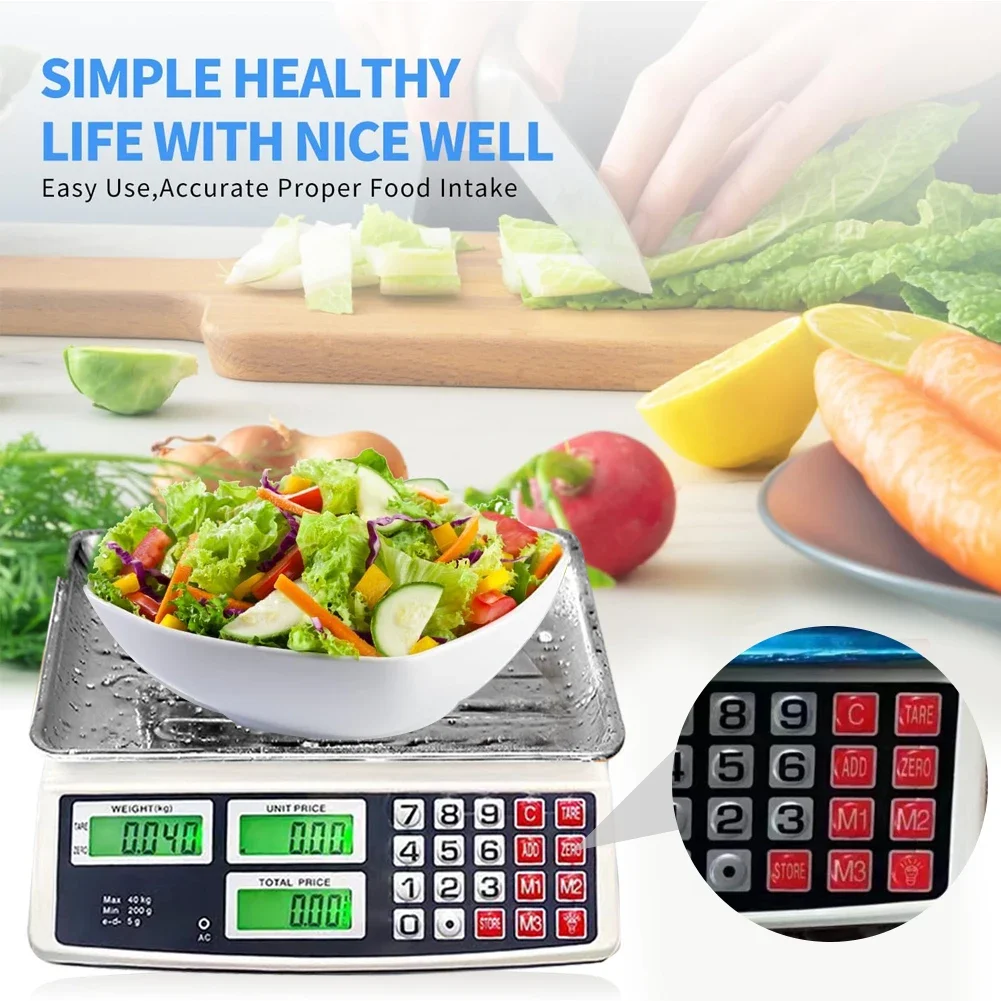 40kg/1g Price Computing Scale with Stainless Steel Plate Counting Weight Scale Waterproof Electronic Small Scale for Vegetables