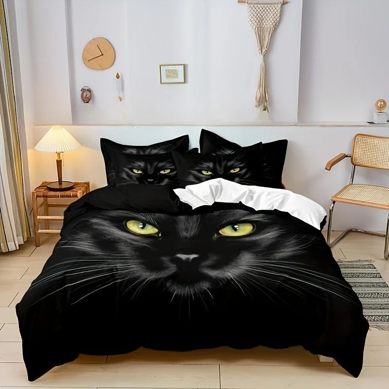 Duvet Cover Set, Black Cat Print Bedding Set, Soft Comfortable Duvet Cover For Bedroom Guest Room (1*Duvet Cover + 2*Pillowcase)