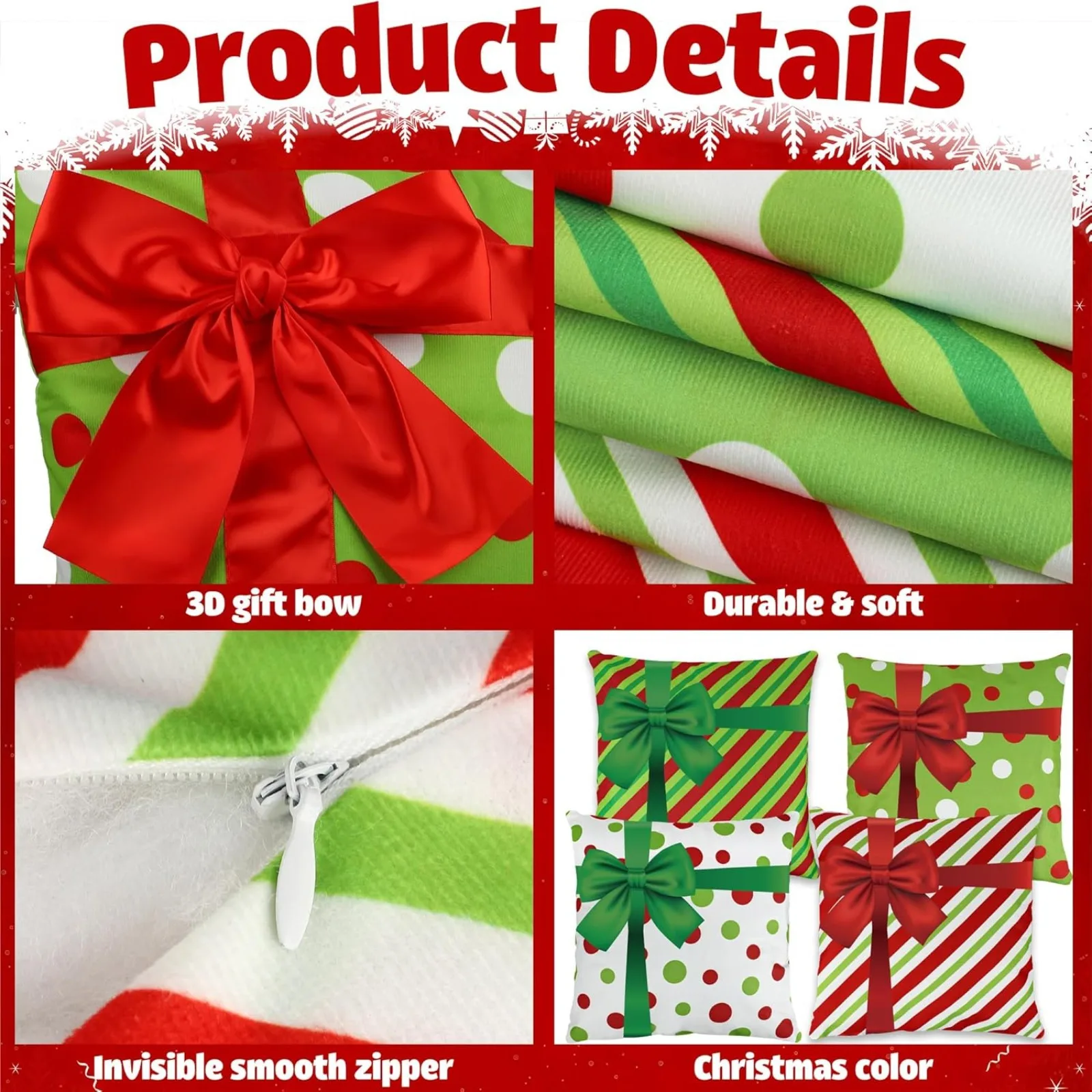 4pcs Christmas Pillow Covers, or Sofa Couch Winter Holiday DecorationBows Throw Pillow Cases, Outdoor Christmas