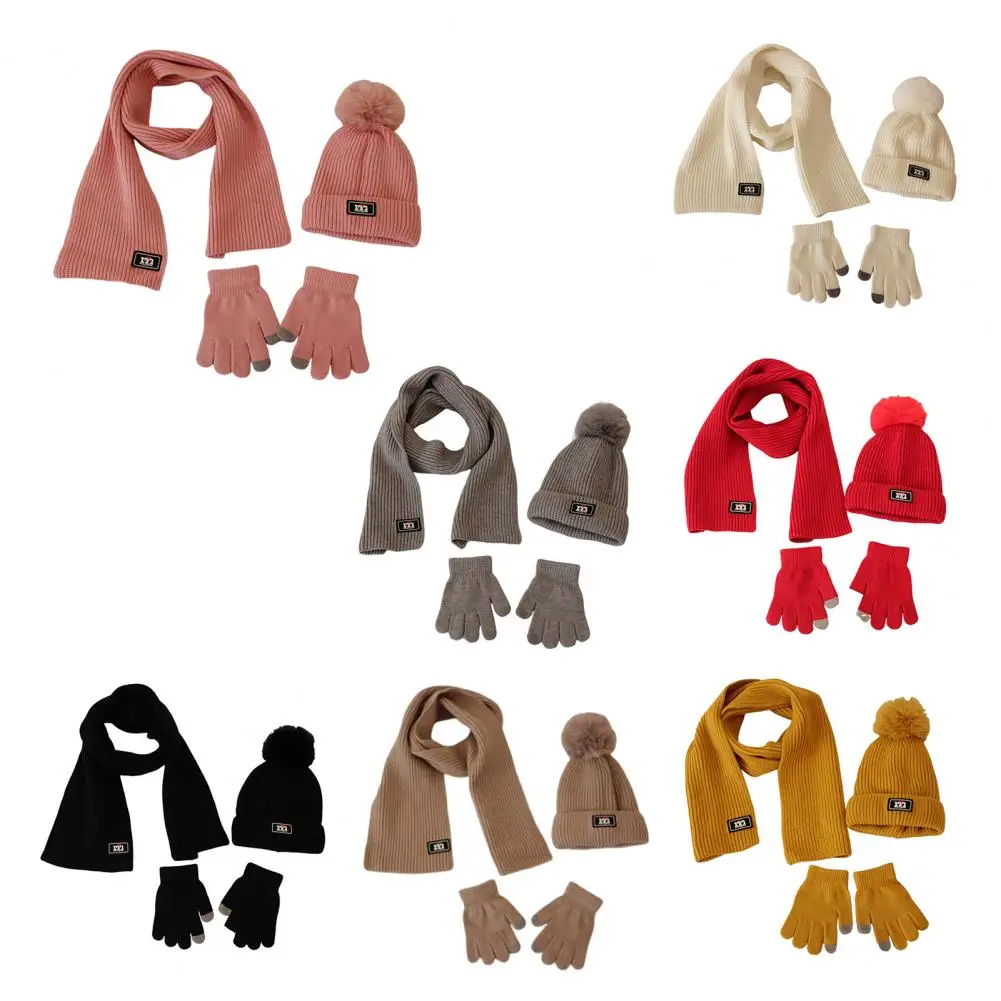 3 Pcs/Set Children Hat Scarf Glove Set Thickened Plush Ball Decor Knitted Anti-slip Heat Retention Windproof Keep Warm Girls Boy