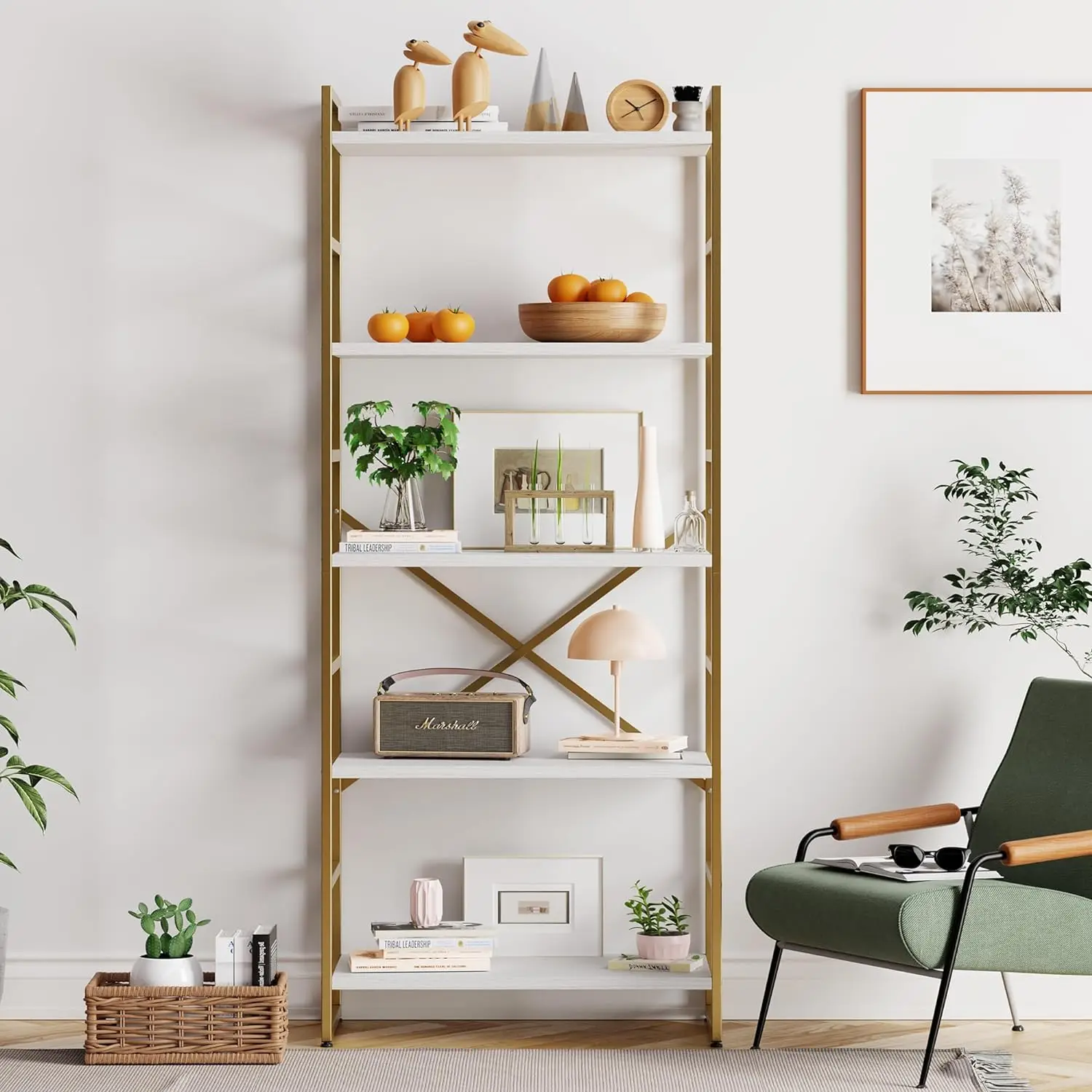 

5 Tier Bookshelf, Free Standing Bookcase Organizer Farmhouse Kitchen Ladder Shelves Rustic Wood Open Shelves Metal Frame