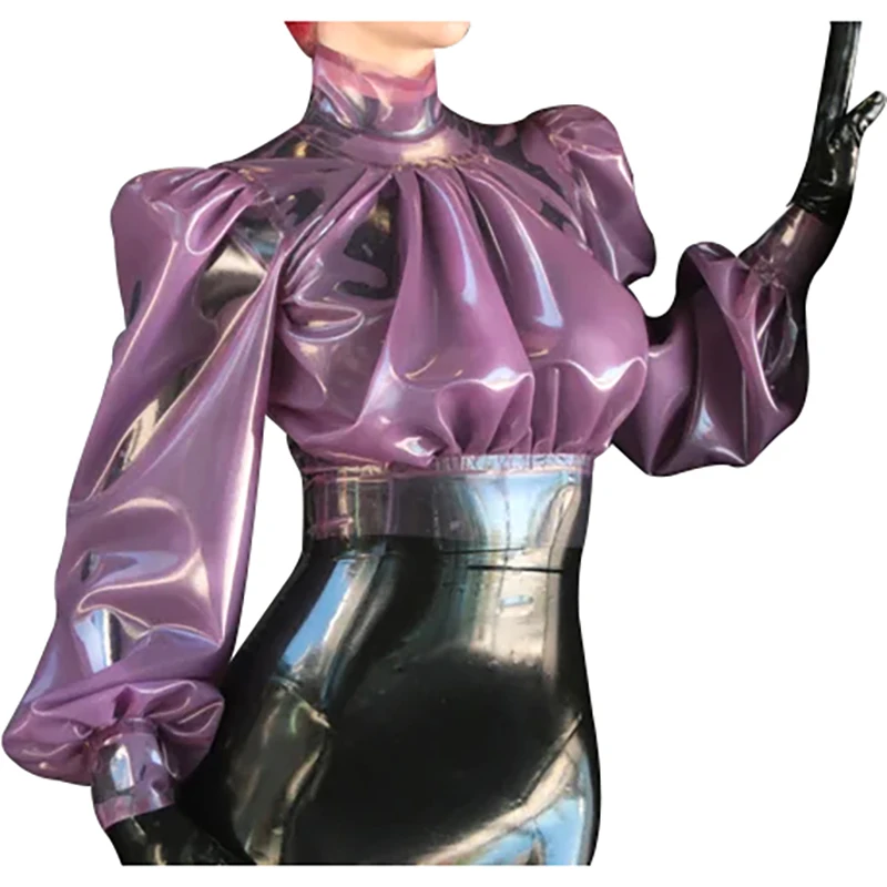 Transparent Purple Sexy Latex Blouses With Puff Long Sleeves Zipper Back  Rubber Shirts Clothes Top Frill around Collar YF-0449