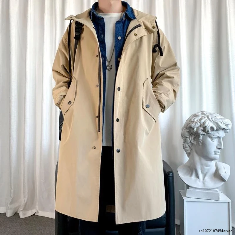 

Men's Windbreaker Jacket Long Trench Oversize Loose Streetwear Hooded Vintage Black Coats High Street Casual Male Outerwear