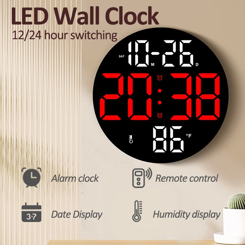 LED Wall Clock Digital Alarm Clock with Remote Control Date Week Display Adjustable Brightness