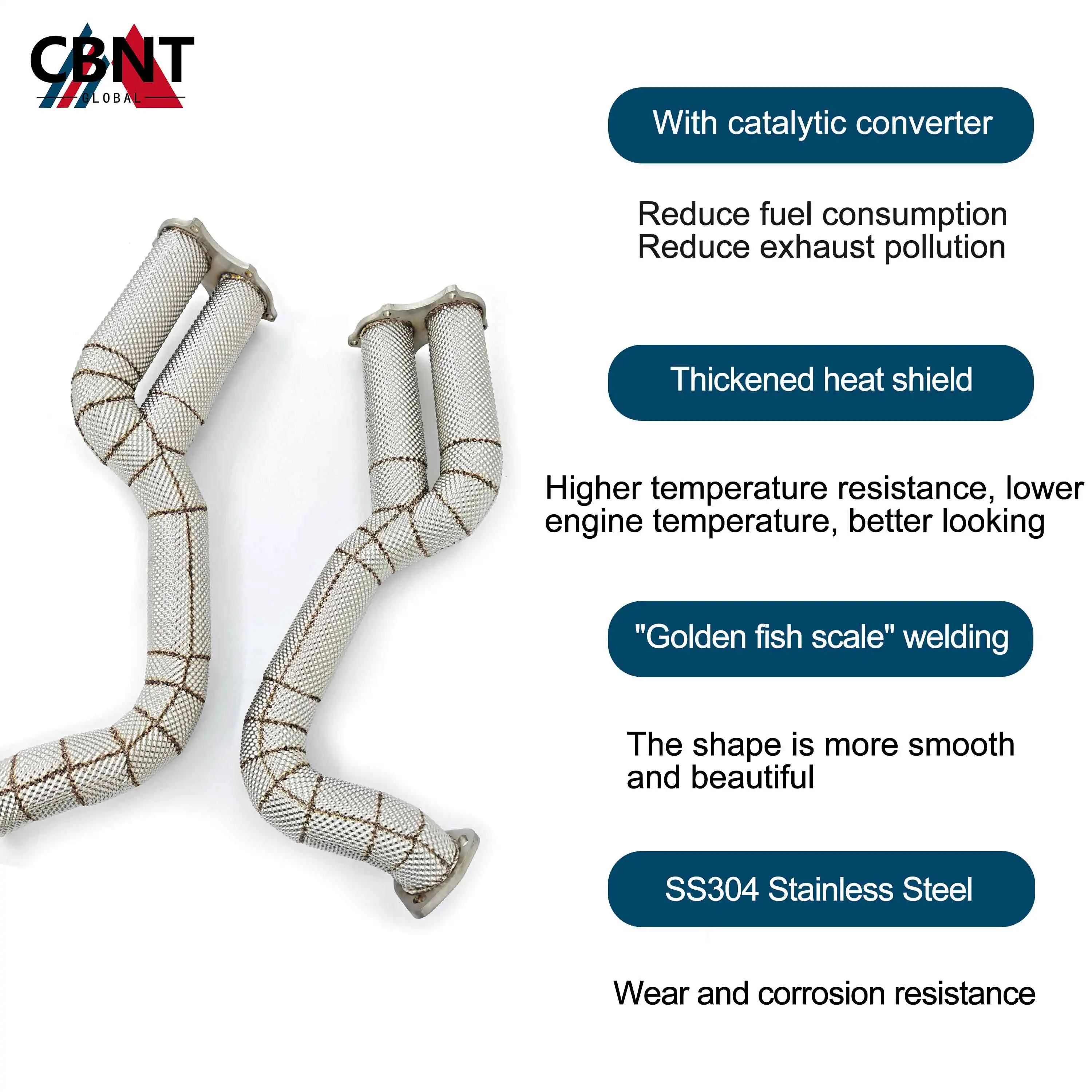 CBNT Exhaust-pipe Downpipe Exhaust Header with Heat Shield for Porsche 718 Cayman GT4/Spyder/GTS 4.0L High Performance SS304