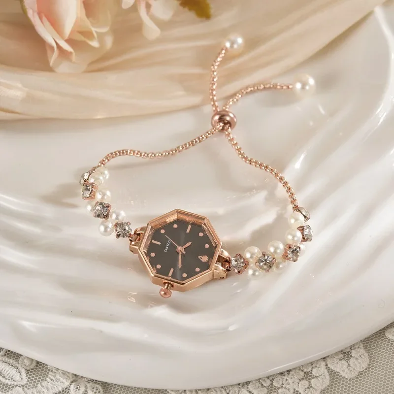 2025 Vintage Pearl Bracelet Women's Quartz Watch Luxury Gold Color Small Square Dial Ladies Wristwatch Gift