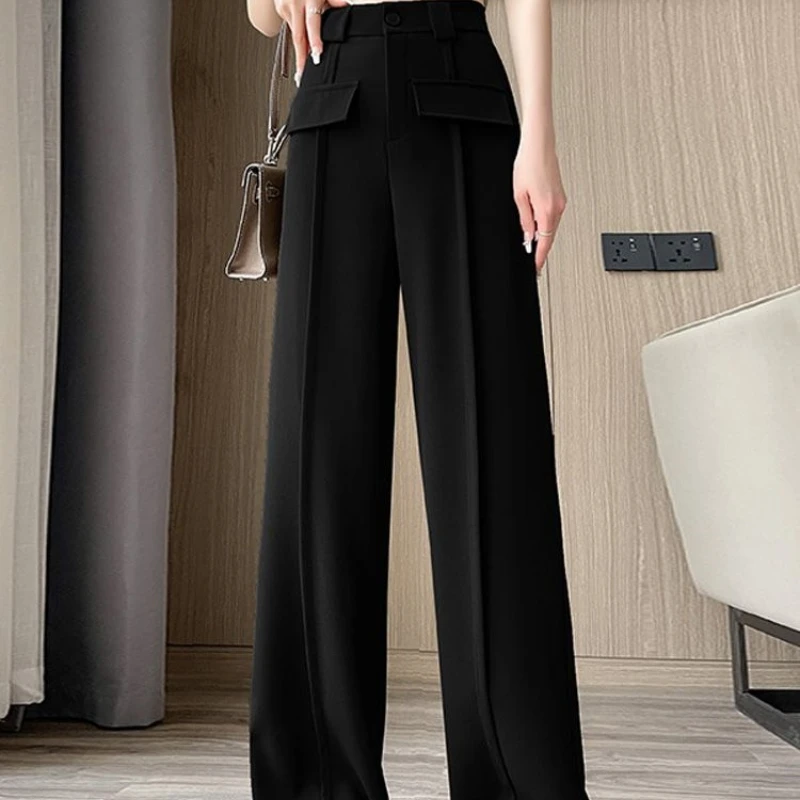 2024 New Spring/Summer Korean Loose Casual Straight Tube Pants High Waist Solid Color Commute Spliced Button Women's Trousers