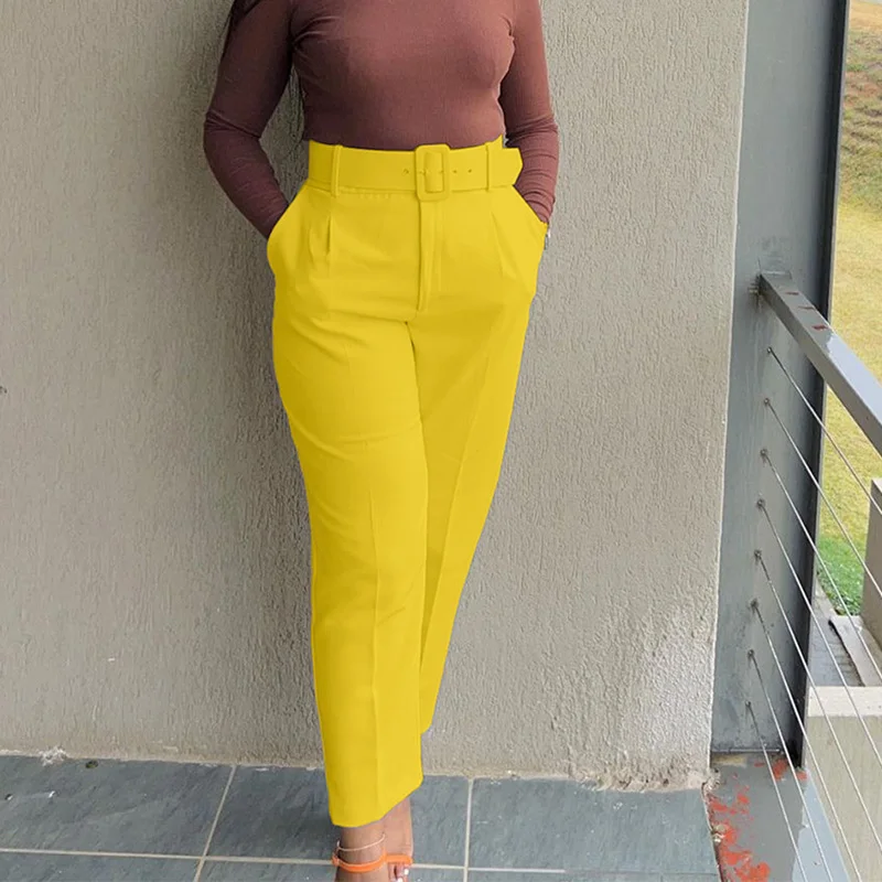 Office Lady Solid Color Sashes Pencil Trousers Plus Size Clothes Spring Autumn Fashion Pockets High Waist Casual Lady Suit Pants