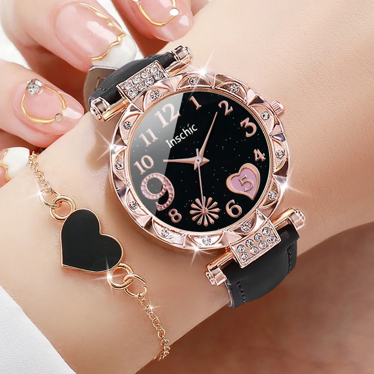 6PCS/Set Fashion Rhinestone Heart Women Quartz Watch Leather Band Wristwatches Bracelets Set（Without Box）