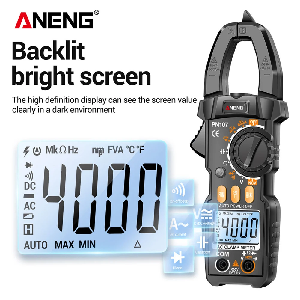 

Цифровой мультиметр-зажим ANENG PN107 CAT II 600 в переменный/постоянный ток тестер напряжения истинное среднеквадратичное значение 4000 отсчетов электрический мультиметр тестер инструмент