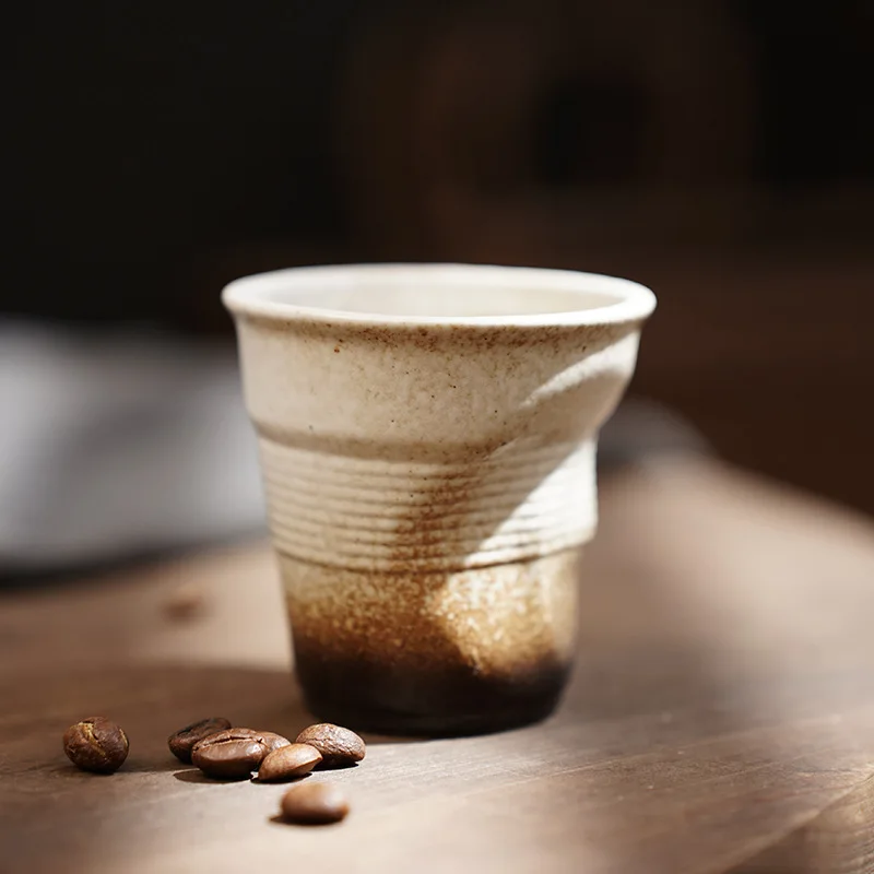 Artistic Textured Ceramic Coffee Mug in Retro Folded Design
