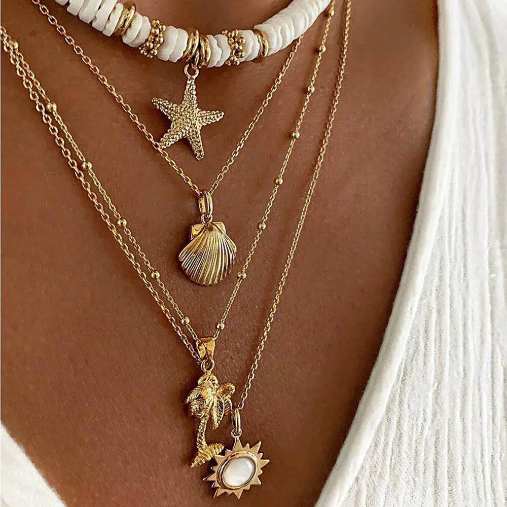 

Fashion Jewelry Necklace Soft Pottery Starfish Shell Pendant Necklace Vintage Sun Multi Layer Necklace