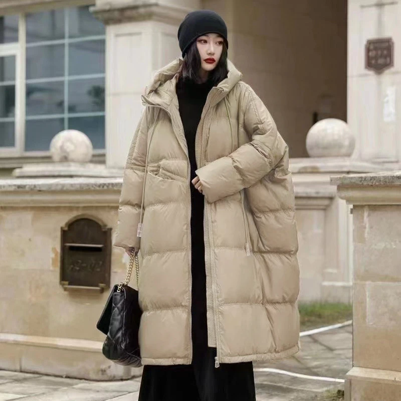 Janveny Women 90% White Duck Down Jacket With Hooded Loose Oversize Long Puffer Coat Autumn Winter Warm Outwear Female Parkas