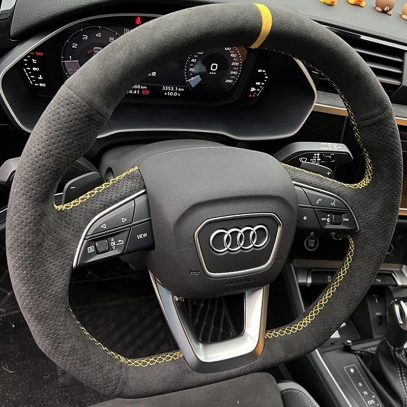 Kundenspezifischer Auto-Lenkrad-Geflechtbezug aus weichem Wildleder, 100 % passend für Audi Q3 2018–2019, Q5 SQ5 2017–2019, Q7 SQ7 2015–2019, Q8 SQ8 2019