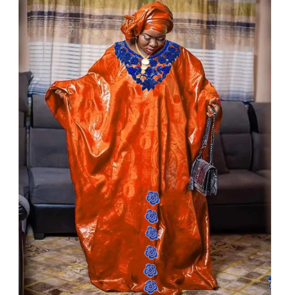 2023 New African Women Bazin Riche Dresses With Headscarf Embroid Stone Nigerian Traditional Wedding Party Dashiki Basin Robe