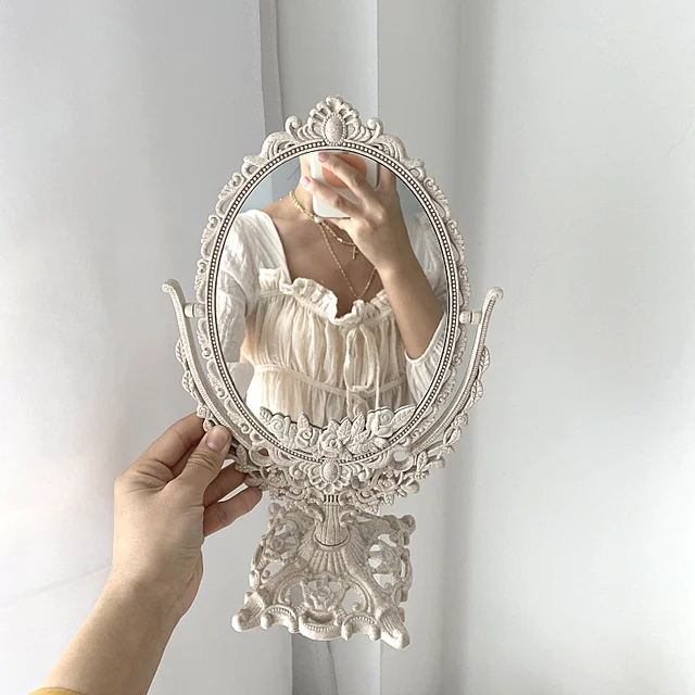 Miroir de maquillage de forme narvintage, miroir de maquillage de style européen, outil de maquillage de bureau à rotation à 360 °, décoration d'intérieur résistante 3