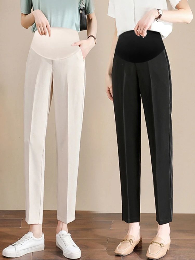 2023 Pregnant women belly pants summer black Fashion elegant maternity formal trousers ankle-length pregnancy work clothes with