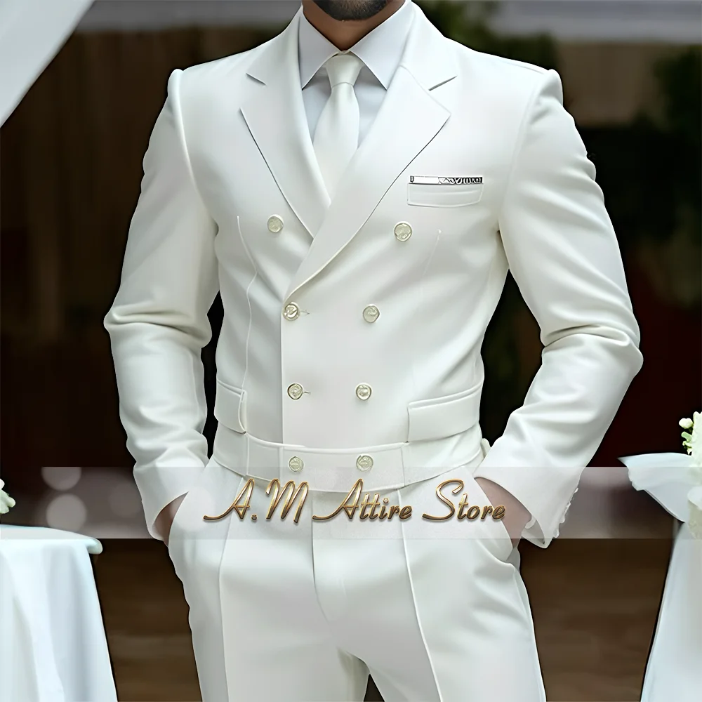 Matching Design Men's Clothing White Luxury Suit 2pcs Double-breasted Blazer Pants Elegance Wedding Evening Party Tuxedo Bespoke 1