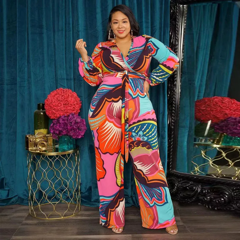 Plus Size Women 5xl Jumpsuit Autumn Print Belt One Piece Outfit Sexy Fashion Wide Leg Pant Lady Club V Neck Fall Cloth Wholesale