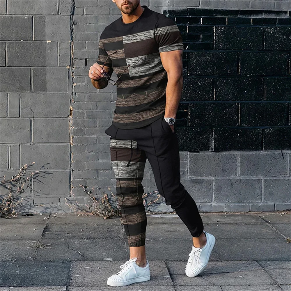 Men's Clothing Men Suit Tracksuit 2 Piece Sets Jogger Outfit 3D Printed Summer Trousers Short Sleeve Men T Shirt Long Pants 6