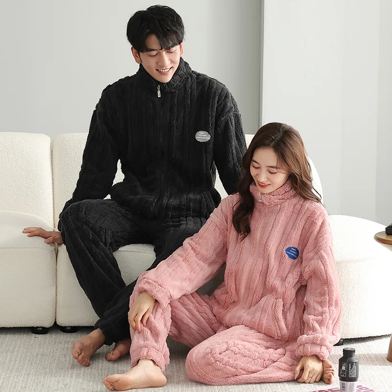 

Zipper Coral Velvet Couple Pajamas Autumn Winter Thickened Women Warm Flannel Men's Loungewear set pijamas para parejas Freeship