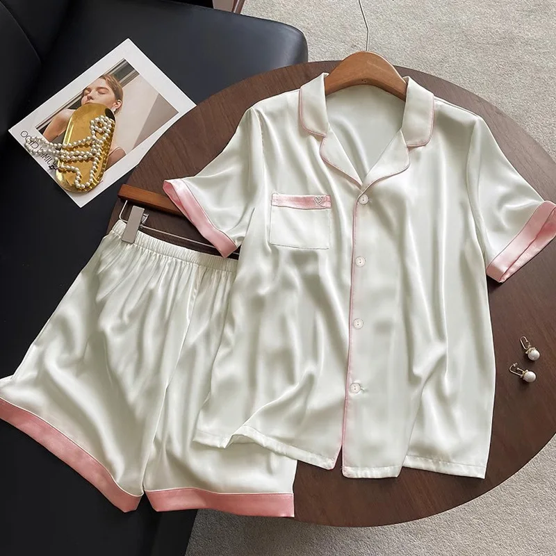 Ling Sweet Summer Girl's Pjs Ice Silk 2 Pcs Homewear Fashion Pajama Short Thin Pajamas for Women Silk Home Set Simple Casual
