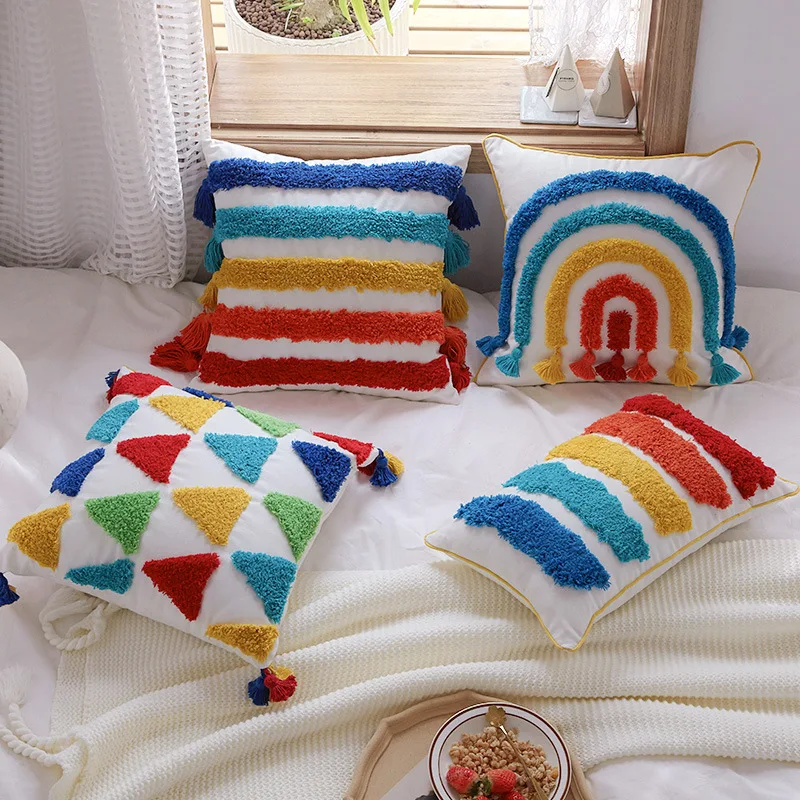 

Tufting Process Rainbow tassel Color Sofa Cushion Cover 45x45 Pillow Cover Decorative Pillow For Sofa Boho Home Decor Pillowcase