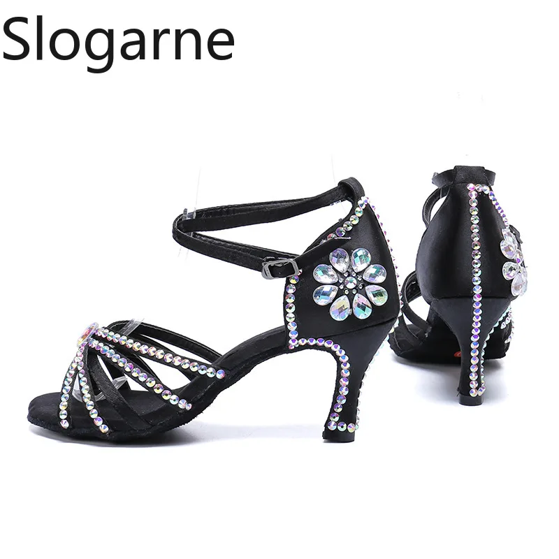 High Heel Dancing Sandals Women Good Quality Satin Latin Shoes Ladies Rhinestone Stage Performance Footwear Girls Show Sandals