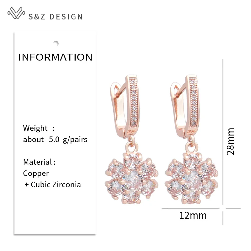 S&Z DESIGN New Fashion Cubic Zirconia Lovely Cute Snowflake Dangle Earrings For Women 585 Rose Gold Color Temperament Jewelry